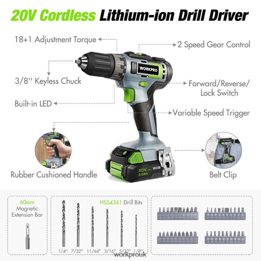 WORKPRO157-Piece Cordless Drill Combo Kit with 20V Cordless Lithium-ion X662Z259 Tool