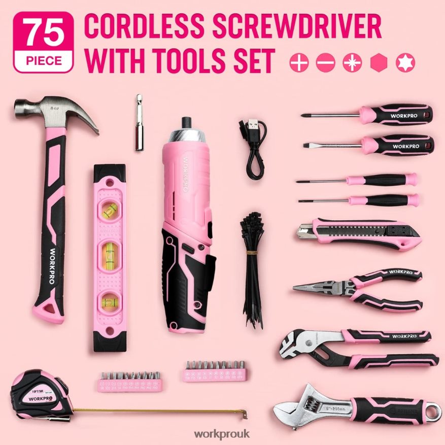 WORKPRO75 Pcs Tools Set, 3.7V Rotatable Cordless Screwdriver, and Household Tool Kit X662Z260 Tool