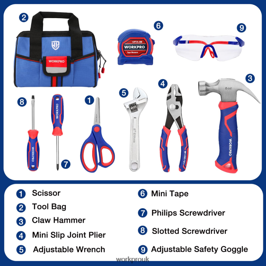 WORKPRO9 Pcs Kids Junior Tool Set with Tool Bag X662Z253 Tool