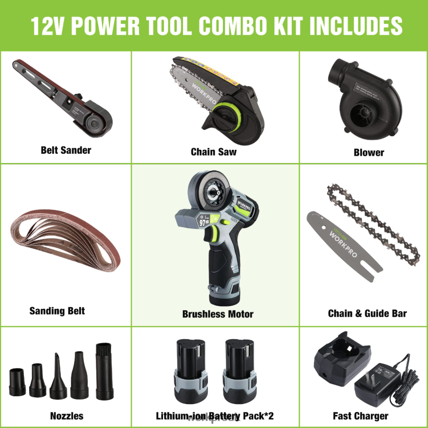 WORKPROCordless Detail Belt Sander, Mini Chain Saw, Electric Blower, 3-in-1 Power Tool Combo Kit X662Z296 Tool
