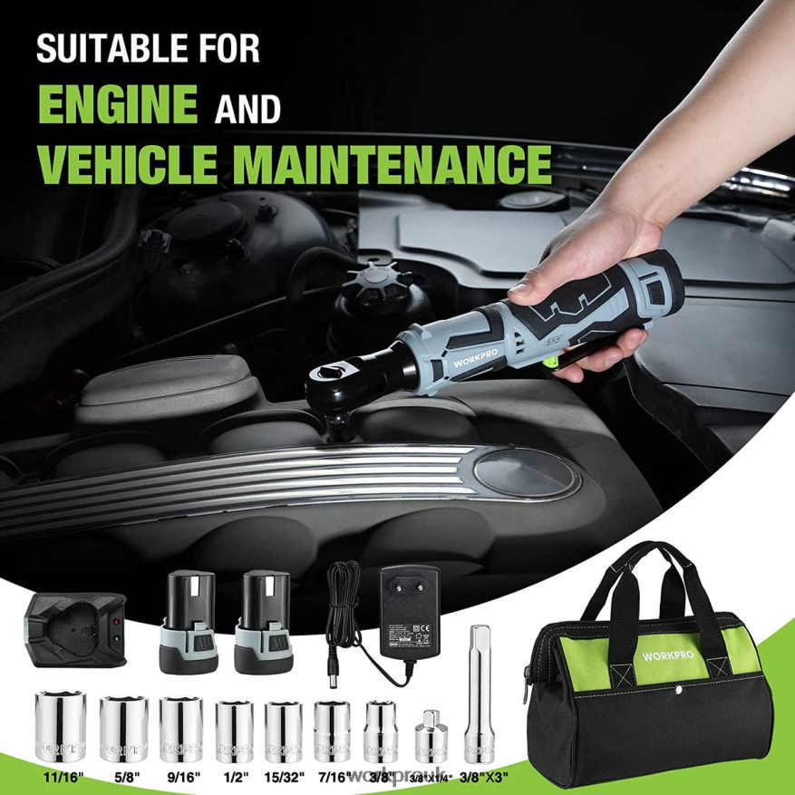 WORKPROCordless Electric Ratchet Wrench, 12V 40 Ft-lbs Electric Ratchet Wrench 9 Pcs Set X662Z227 Tool