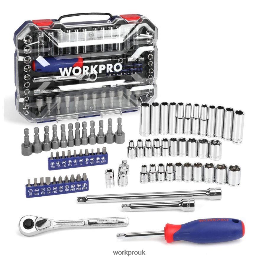 WORKPROSocket Set, 70 Pcs Drive Socket Set with Quick-Release Ratchet, Metric and SAE X662Z308 Tool