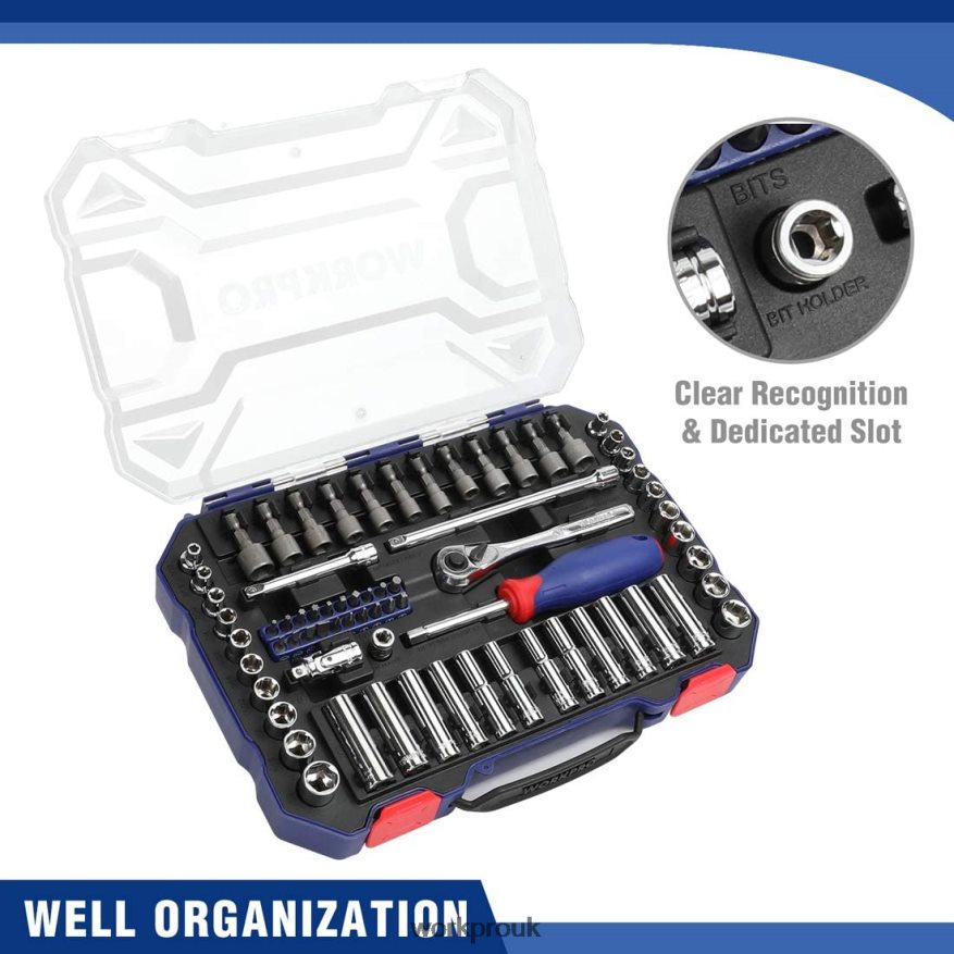 WORKPROSocket Set, 70 Pcs Drive Socket Set with Quick-Release Ratchet, Metric and SAE X662Z308 Tool