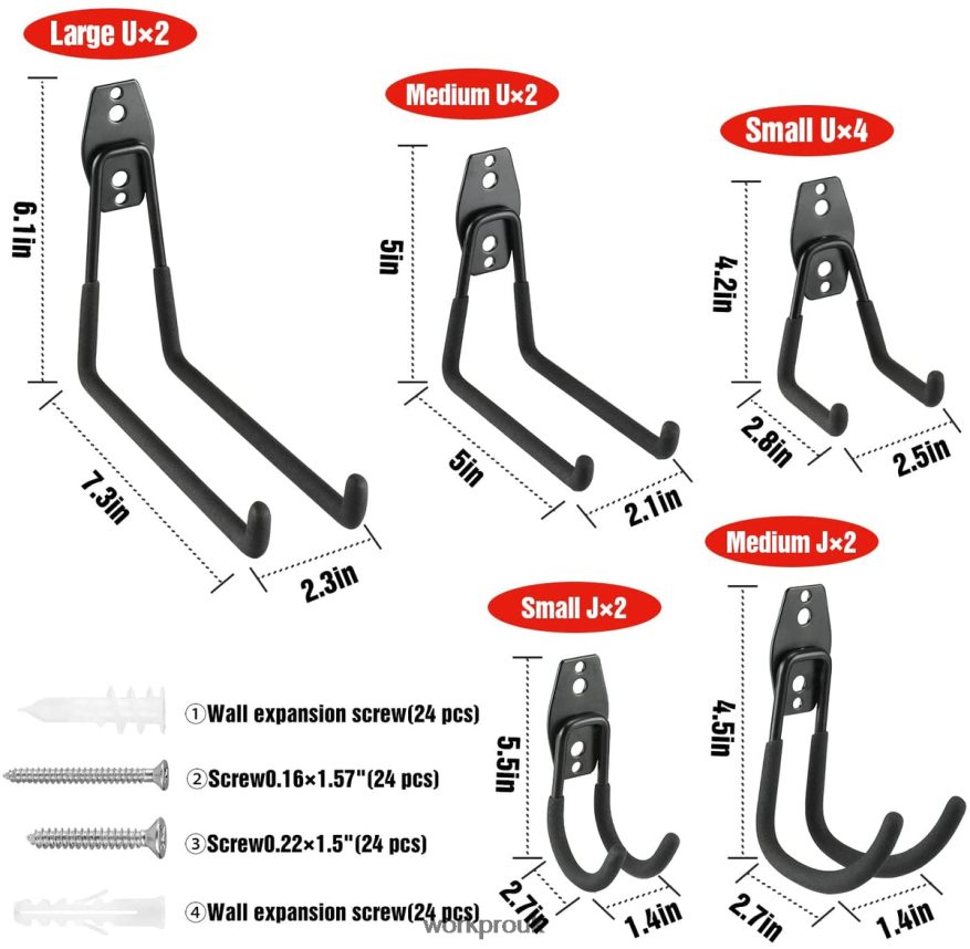 WORKPRO12 Pcs Garage Hook Set, Heavy Duty Steel Garage Hangers, Utility Wall Mount Hooks, Tool Hangers for Bikes, Garden Tools, Ladders and Bulky Items X662Z133 Tool