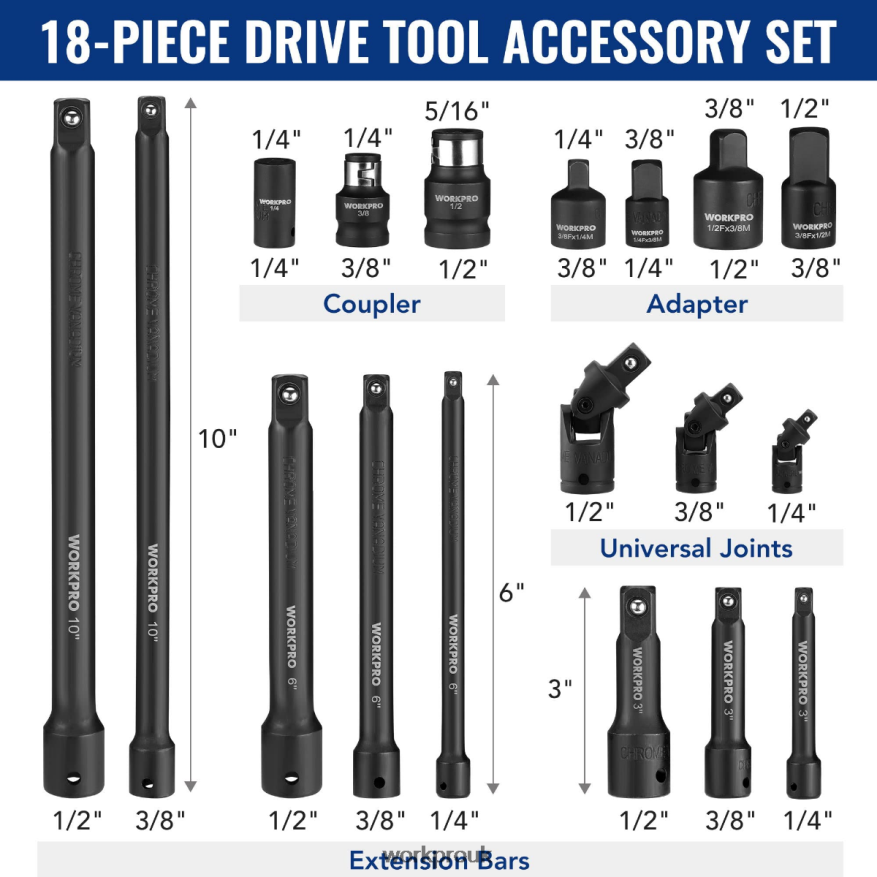 WORKPRO18 Pcs Drive Tool Accessory Set X662Z137 Tool