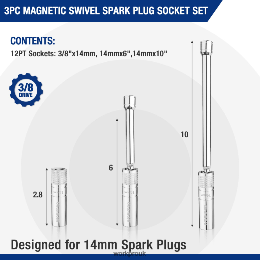 WORKPRO3 Pcs-14mm Thin Wall Socket with 6- and 10-inch ExtensionsMagnetic Swivel Spark Plug Socket Set X662Z143 Tool