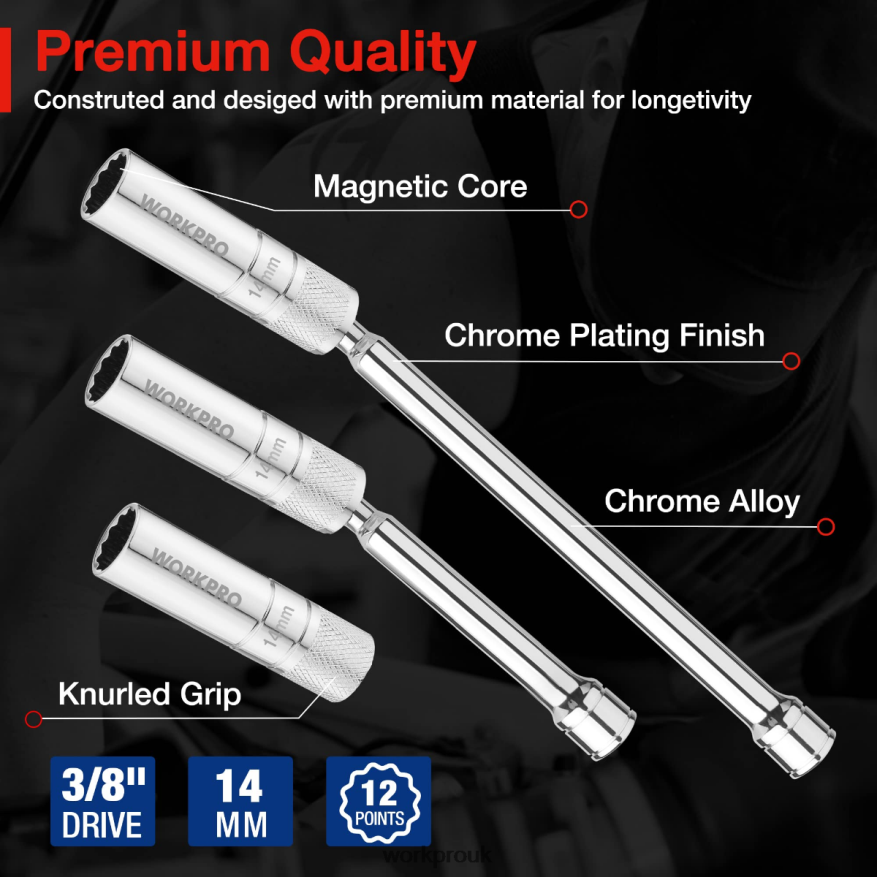 WORKPRO3 Pcs-14mm Thin Wall Socket with 6- and 10-inch ExtensionsMagnetic Swivel Spark Plug Socket Set X662Z143 Tool