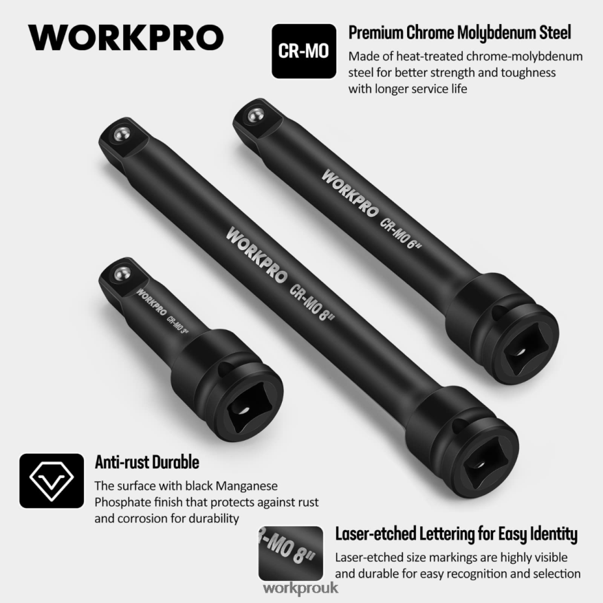 WORKPRO3 Piece-3, 6, 8 Inch 1/2-Inch Socket Drive Impact Extension Bar Sets X662Z202 Tool