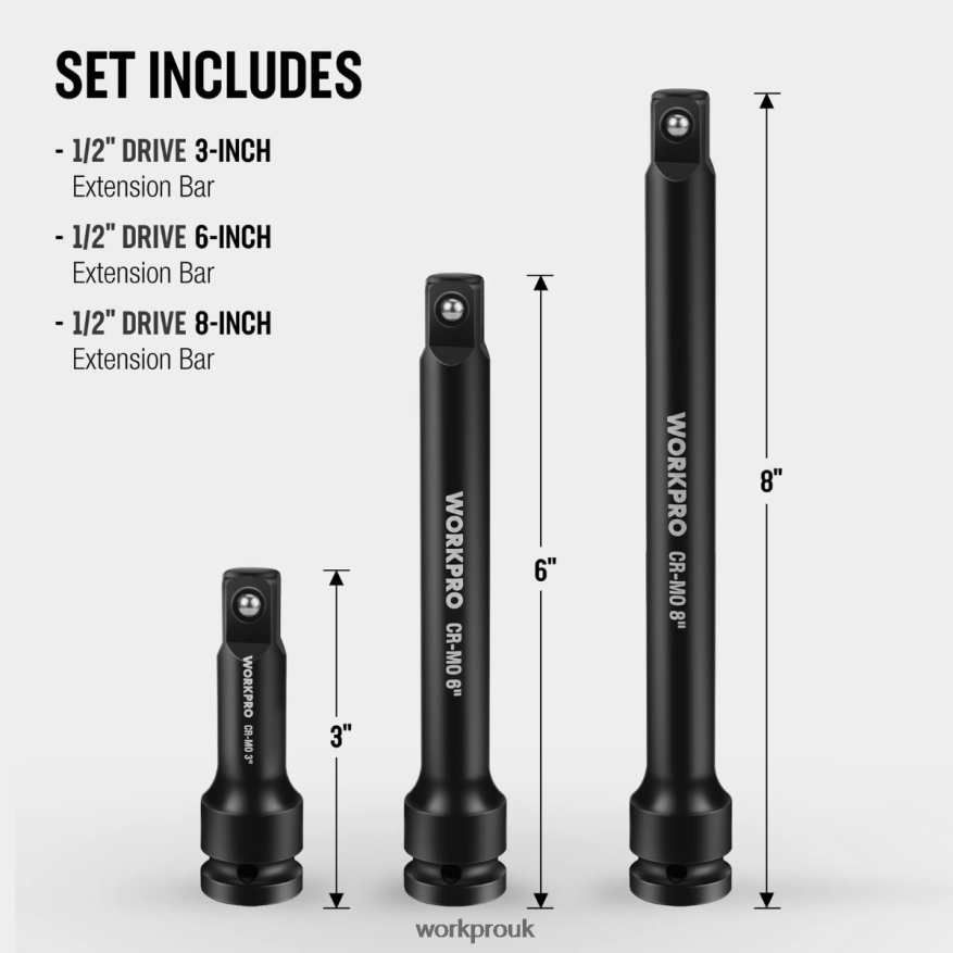 WORKPRO3 Piece-3, 6, 8 Inch 1/2-Inch Socket Drive Impact Extension Bar Sets X662Z202 Tool