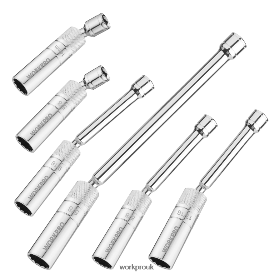 WORKPRO6 Pcs-9/16-inch, 5/8-inch, 13/16-inch, 14MM Thin Wall Sockets with 4, 6, 11-inch Extensions Magnetic Swivel Spark Plug Socket Set X662Z139 Tool