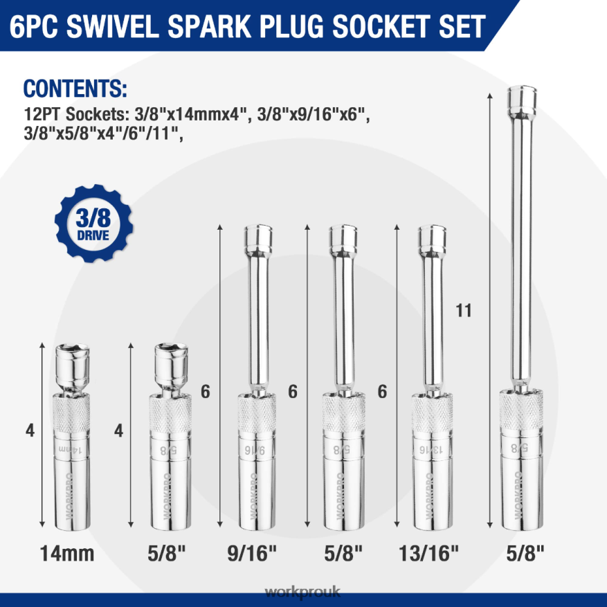 WORKPRO6 Pcs-9/16-inch, 5/8-inch, 13/16-inch, 14MM Thin Wall Sockets with 4, 6, 11-inch Extensions Magnetic Swivel Spark Plug Socket Set X662Z139 Tool