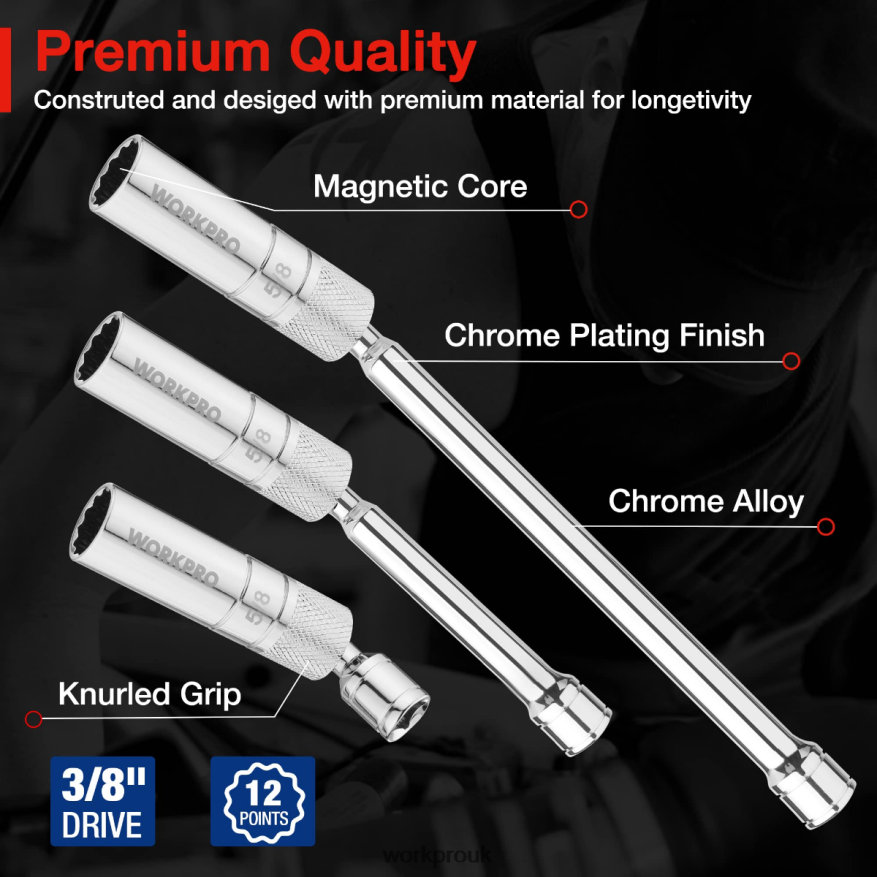 WORKPRO6 Pcs-9/16-inch, 5/8-inch, 13/16-inch, 14MM Thin Wall Sockets with 4, 6, 11-inch Extensions Magnetic Swivel Spark Plug Socket Set X662Z139 Tool