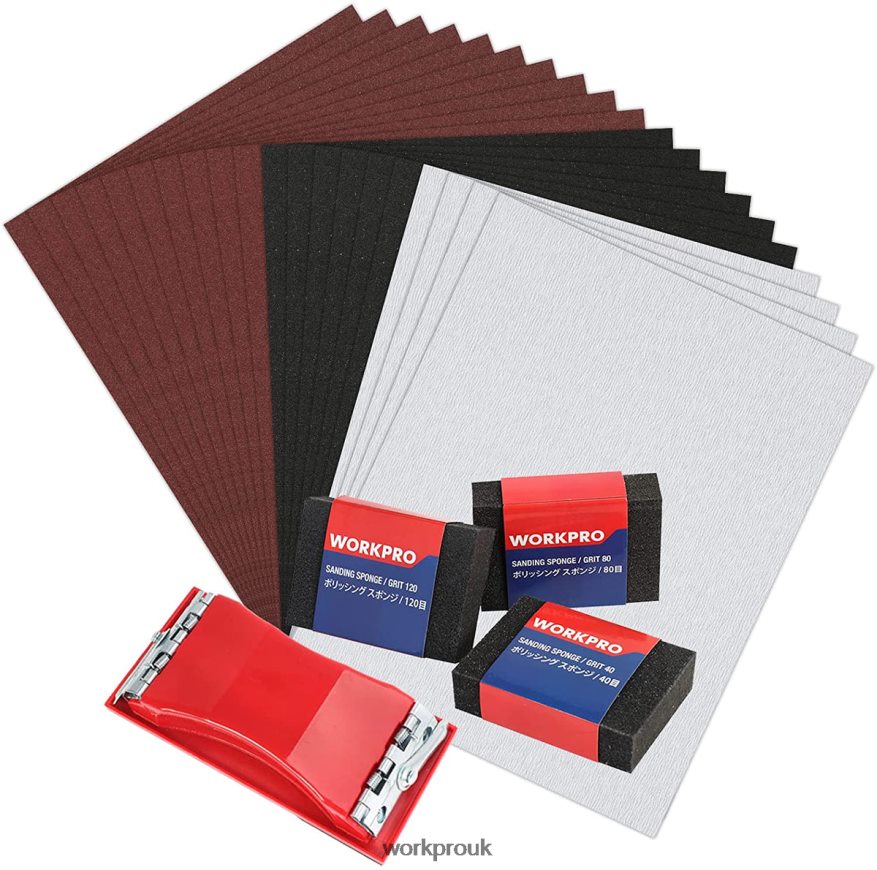 WORKPRO24 Packs of Sandpaper 80-600 Assorted Grit with Holder X662Z150 Tool