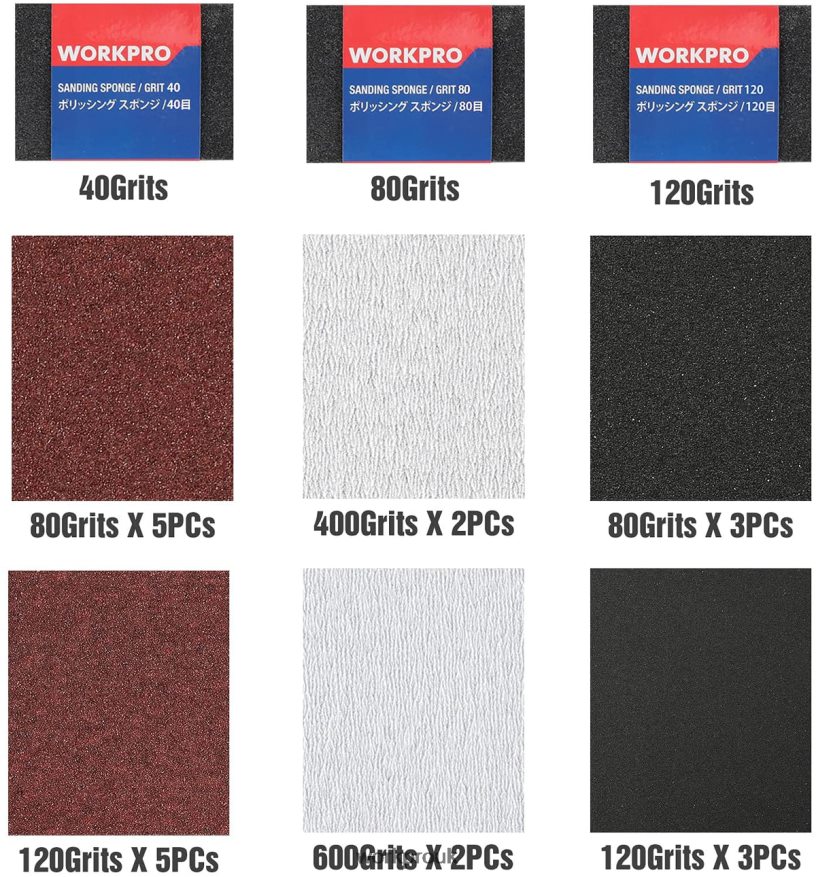 WORKPRO24 Packs of Sandpaper 80-600 Assorted Grit with Holder X662Z150 Tool