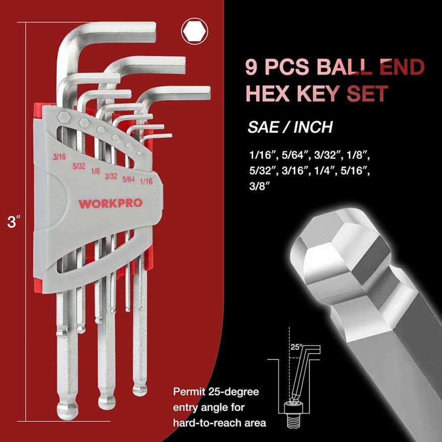 WORKPRO27 Pcs Long Arm Ball End Allen Wrench Set for Excellent Grip and Torque Transfer X662Z62 Tool