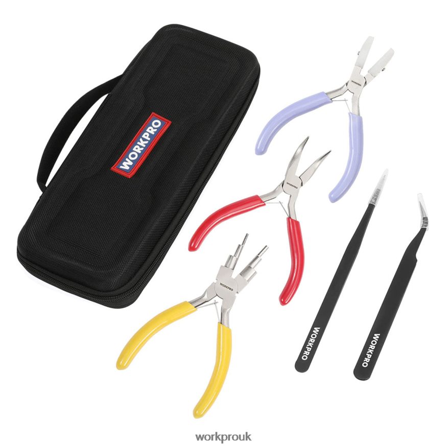 WORKPRO5 Pcs Jewelry Pliers, Jewelry Tools Includes 6 IN 1 Wire Loop Pliers, Nylon Nose Pliers, Bent Nose Pliers, Pointed Tweezers, Curved Tweezers X662Z75 Tool