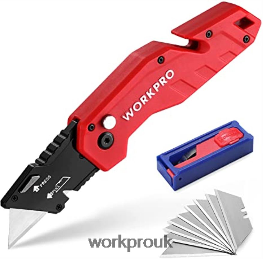 WORKPROFolding Utility Knife Lightweight Nylon Handle Utility Cutter with 10-piece Extra Blades X662Z38 Tool