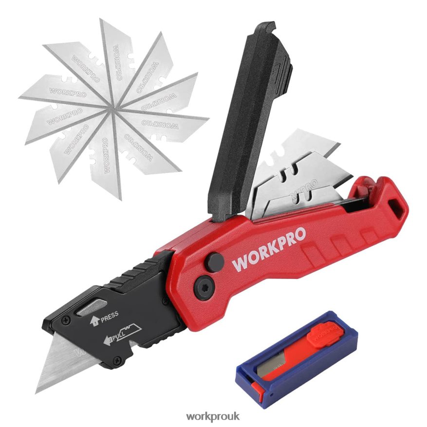 WORKPROFolding Utility Knife, Quick Change Box Cutte 13 Extra Blades Included X662Z52 Tool