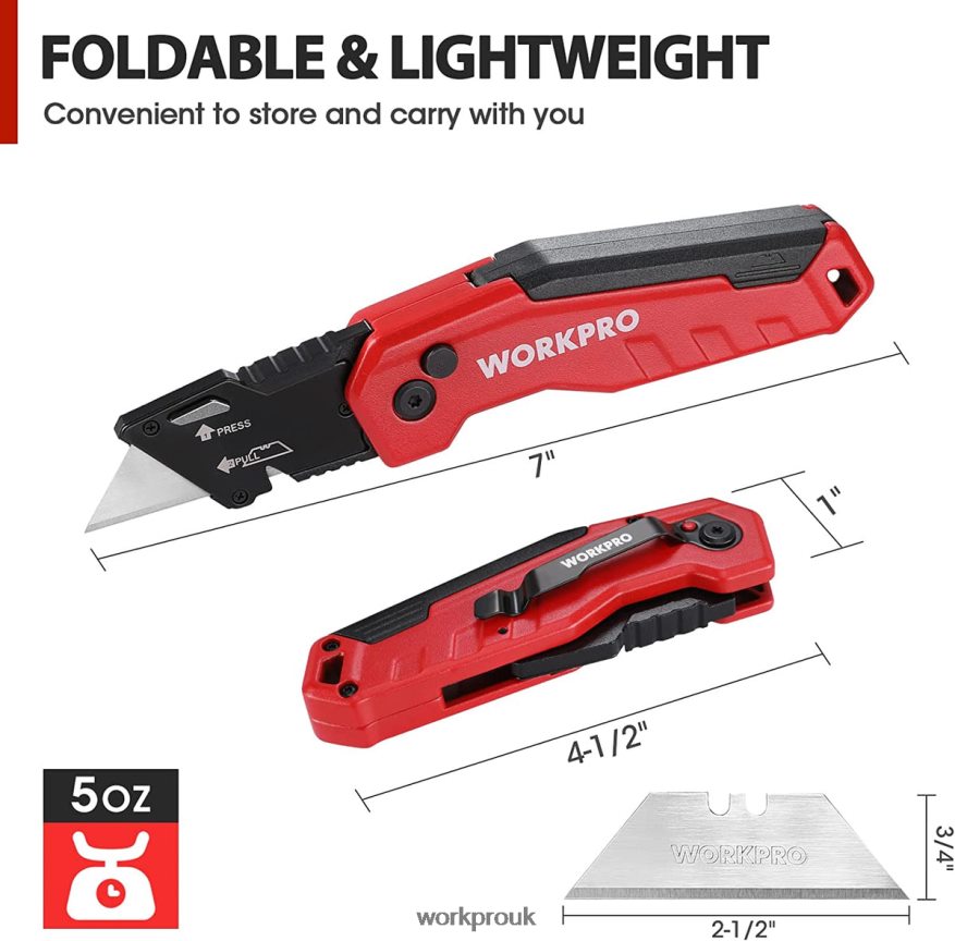 WORKPROFolding Utility Knife, Quick Change Box Cutte 13 Extra Blades Included X662Z52 Tool