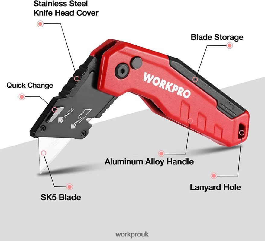 WORKPROFolding Utility Knife, Quick Change Box Cutte 13 Extra Blades Included X662Z52 Tool