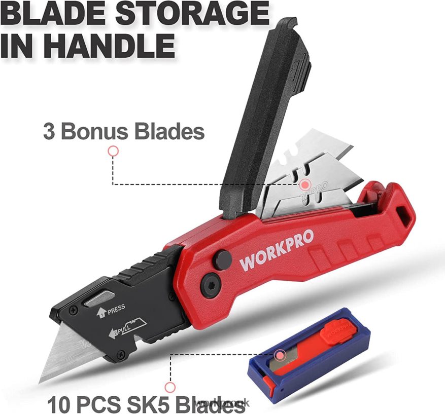 WORKPROFolding Utility Knife, Quick Change Box Cutte 13 Extra Blades Included X662Z52 Tool