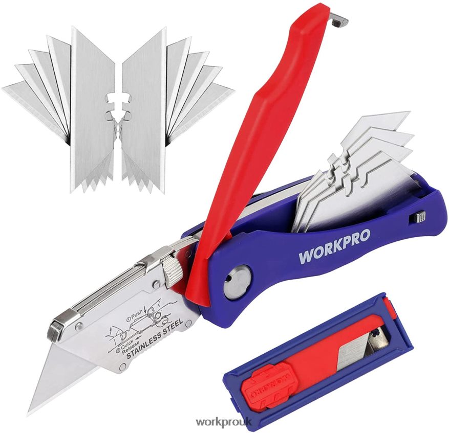 WORKPROFolding Utility Knife with Back Lock Quick-change Box Cutter with Belt Clip X662Z46 Tool
