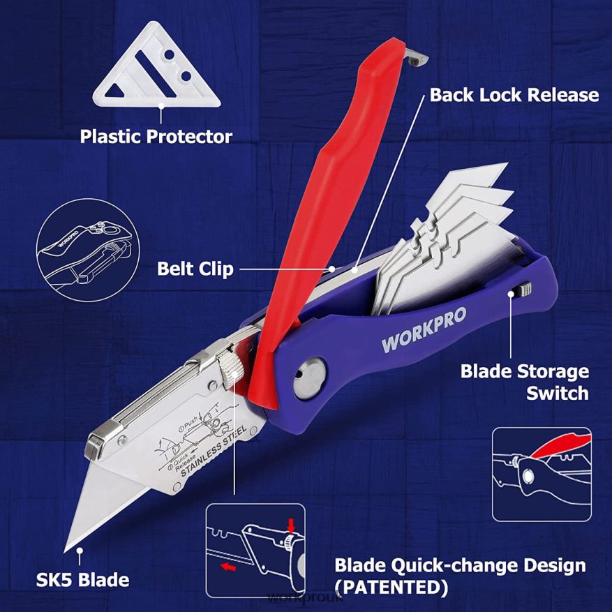 WORKPROFolding Utility Knife with Back Lock Quick-change Box Cutter with Belt Clip X662Z46 Tool