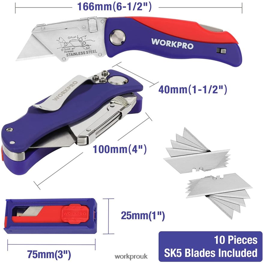WORKPROFolding Utility Knife with Back Lock Quick-change Box Cutter with Belt Clip X662Z46 Tool