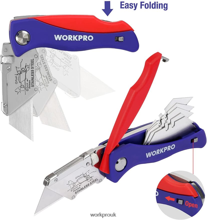WORKPROFolding Utility Knife with Back Lock Quick-change Box Cutter with Belt Clip X662Z46 Tool
