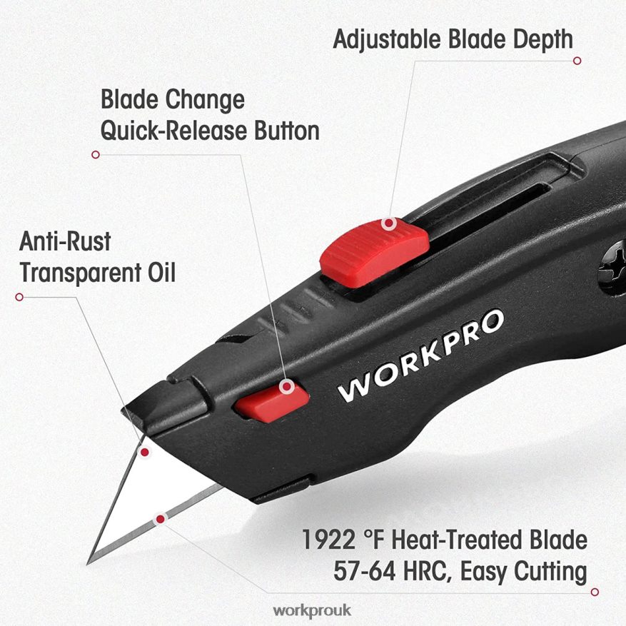 WORKPROPremium Utility Knife, Retractable All Metal Heavy Duty Box Cutter, Quick Change Blade Razor Knife, with 10 Extra Blades X662Z51 Tool