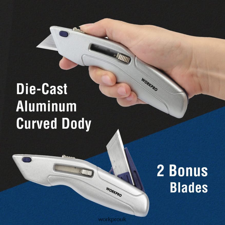 WORKPRORetractable Utility Knife and Self-retracting Safety Box with 2 Extra Blades Included X662Z41 Tool