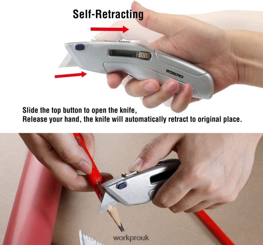 WORKPRORetractable Utility Knife and Self-retracting Safety Box with 2 Extra Blades Included X662Z41 Tool