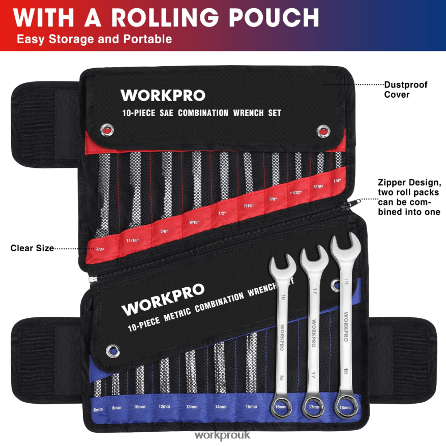 WORKPRO20 Pcs Metric & SAE Combination Cr-V 12-point Wrench Set X662Z93 Tool