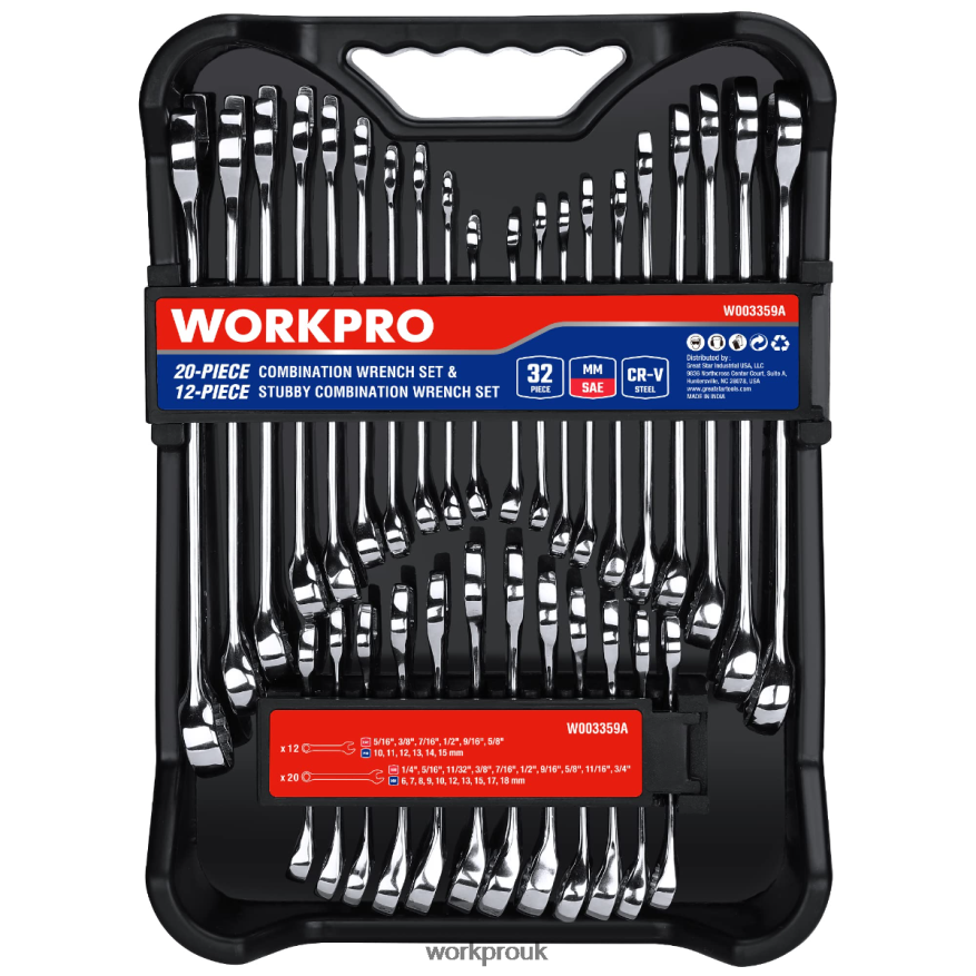 WORKPRO32 Pcs SAE & Metric Combination 12 PT Regular and Stubby Wrench Set X662Z92 Tool