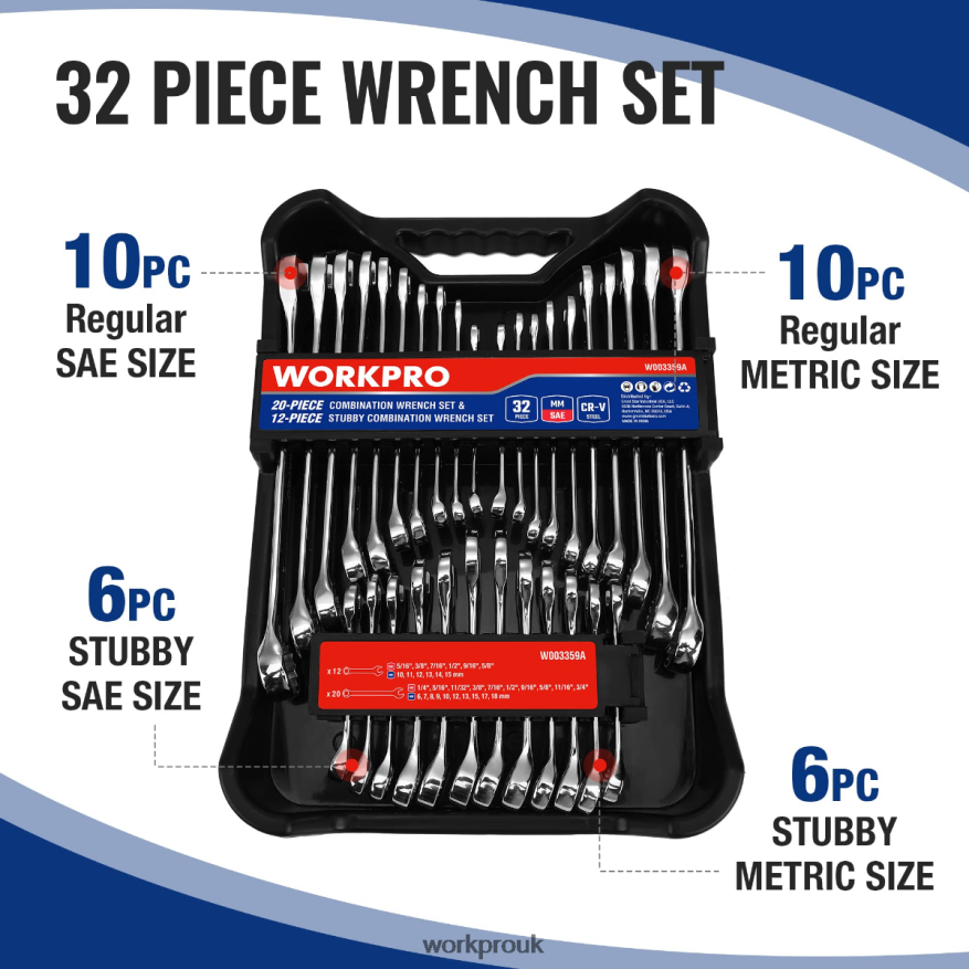 WORKPRO32 Pcs SAE & Metric Combination 12 PT Regular and Stubby Wrench Set X662Z92 Tool