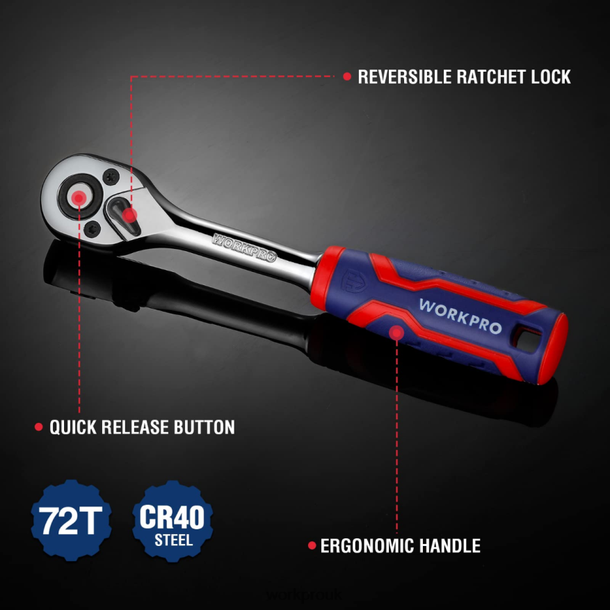 WORKPRO3 Pcs Ratchet Set, Quick-Release Reversible 72-Tooth 40CR Steel Drive Socket Wrench X662Z91 Tool
