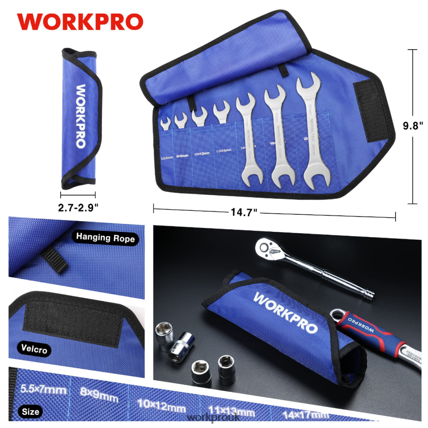 WORKPRO7 Pcs Metric Super-Thin Wrench Set with Roll-up Organizer Pouch X662Z96 Tool