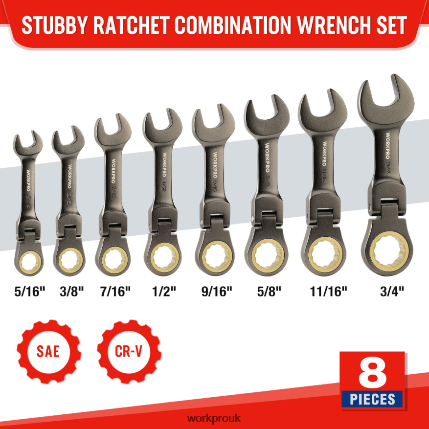 WORKPRO8 Pcs Flex-Head Stubby Ratcheting Combination Wrench Set X662Z82 Tool