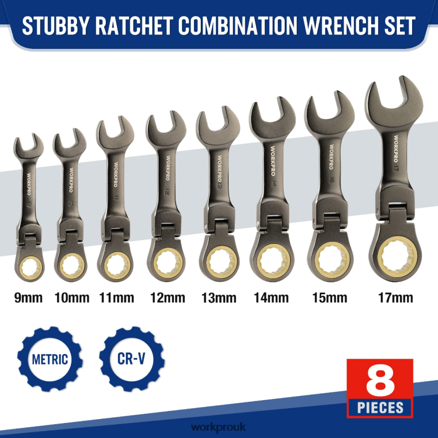 WORKPRO8 Pcs Flex-Head Stubby Ratcheting Combination Wrench Set X662Z82 Tool
