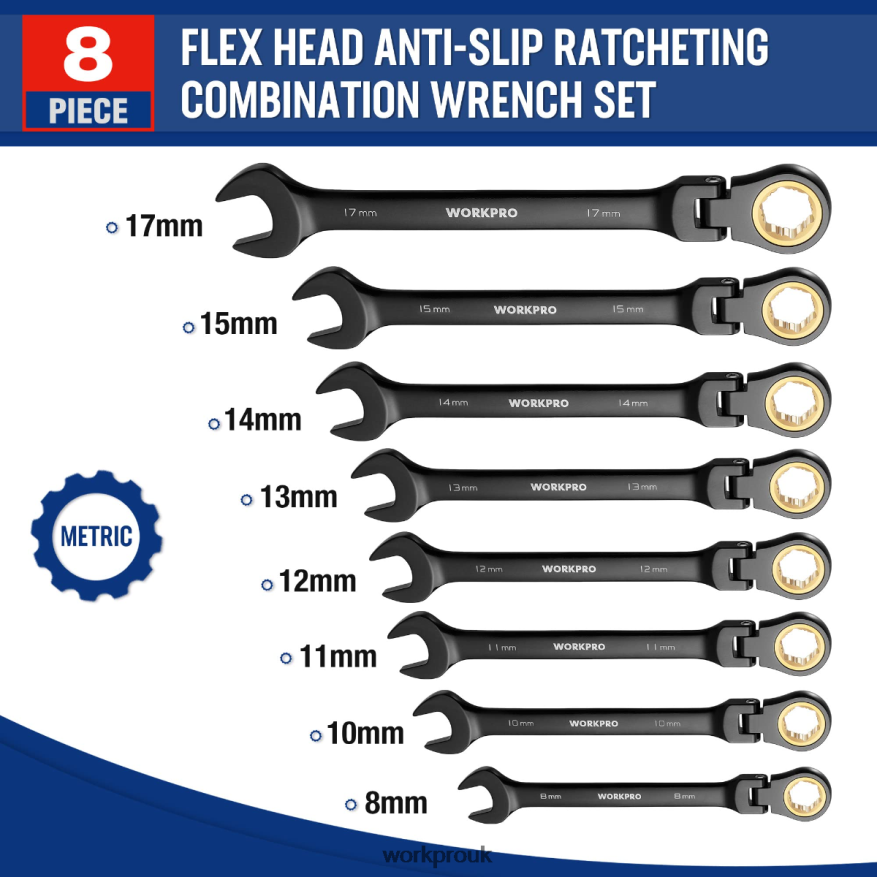 WORKPRO8 Pcs Ratcheting Combination Flex-Head Anti-Slip Wrench Set X662Z80 Tool