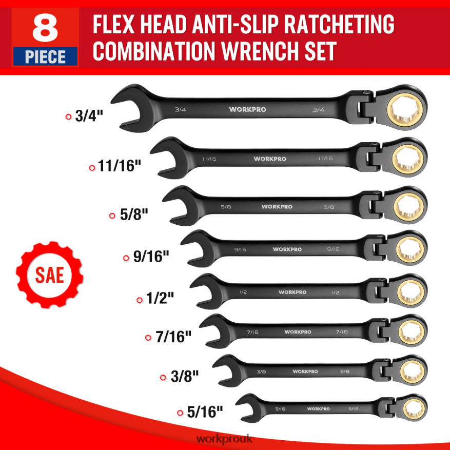 WORKPRO8 Pcs Ratcheting Combination Flex-Head Anti-Slip Wrench Set X662Z80 Tool