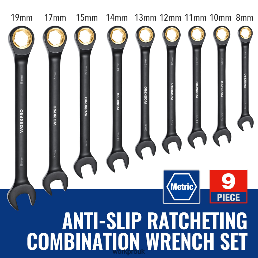 WORKPRO9 Pcs Anti-Slip Ratcheting Combination Wrench Set X662Z88 Tool