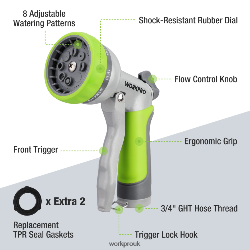 WORKPROGarden High Pressure Water Hose Nozzle Sprayer with 8 Adjustable Watering Patterns & Thumb Control Design X662Z288 Tool