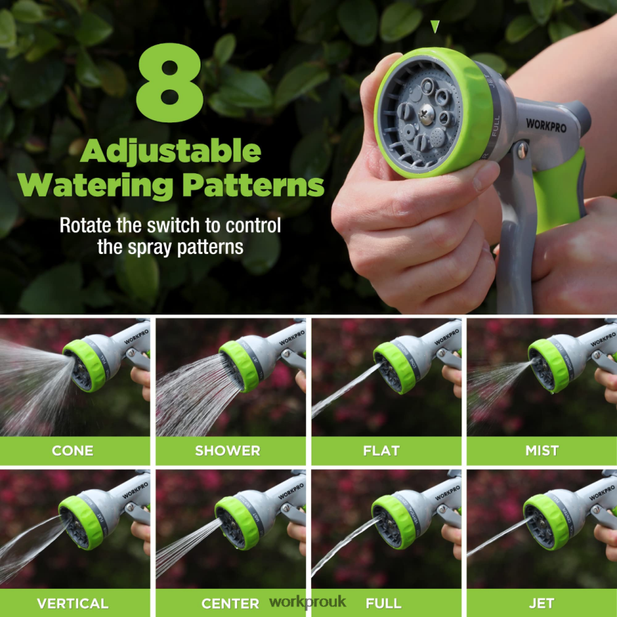 WORKPROGarden High Pressure Water Hose Nozzle Sprayer with 8 Adjustable Watering Patterns & Thumb Control Design X662Z288 Tool