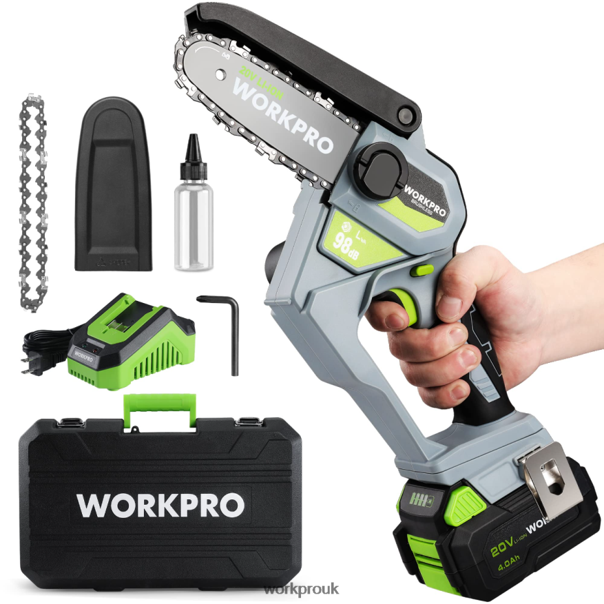 WORKPRO20V Brushless Cordless Compact Chainsaw with 4.0Ah Battery and Replacement Chain X662Z298 Tool