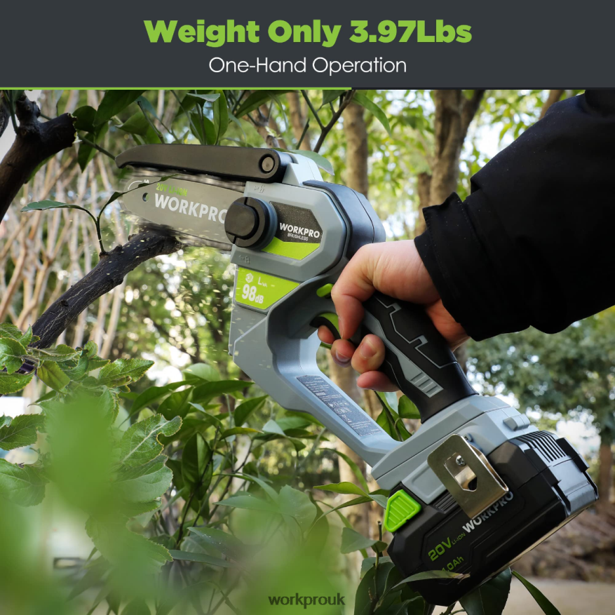WORKPRO20V Brushless Cordless Compact Chainsaw with 4.0Ah Battery and Replacement Chain X662Z298 Tool
