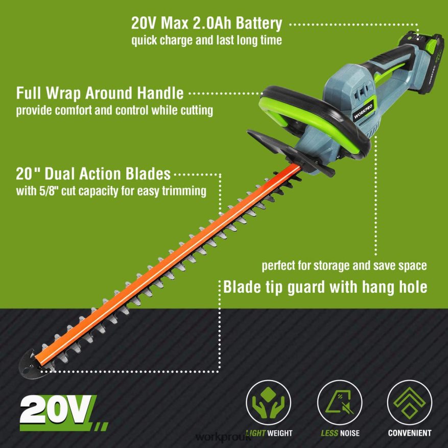 WORKPRO20V Cordless Hedge Trimmer Dual Action Blades Electric Gardening Tool 2.0Ah Battery and 1 Hour Quick Charger Included X662Z295 Tool