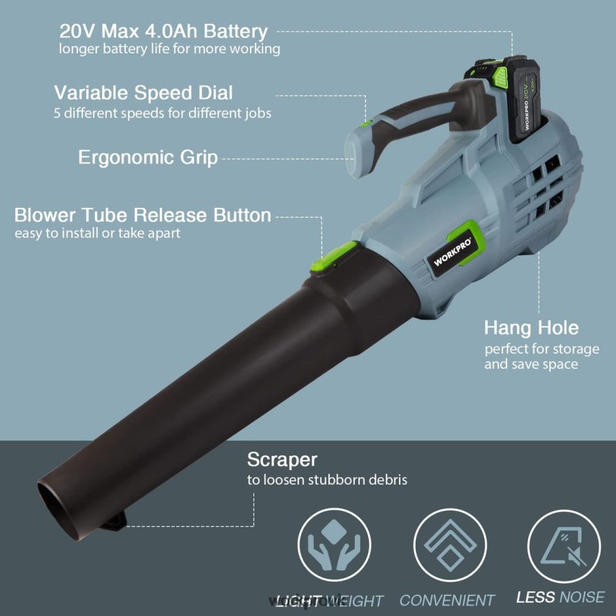 WORKPRO20V Cordless Leaf Blower with 5 Adjustable Speeds 4.0Ah Larger Capacity Battery and Quick Charger Included X662Z292 Tool