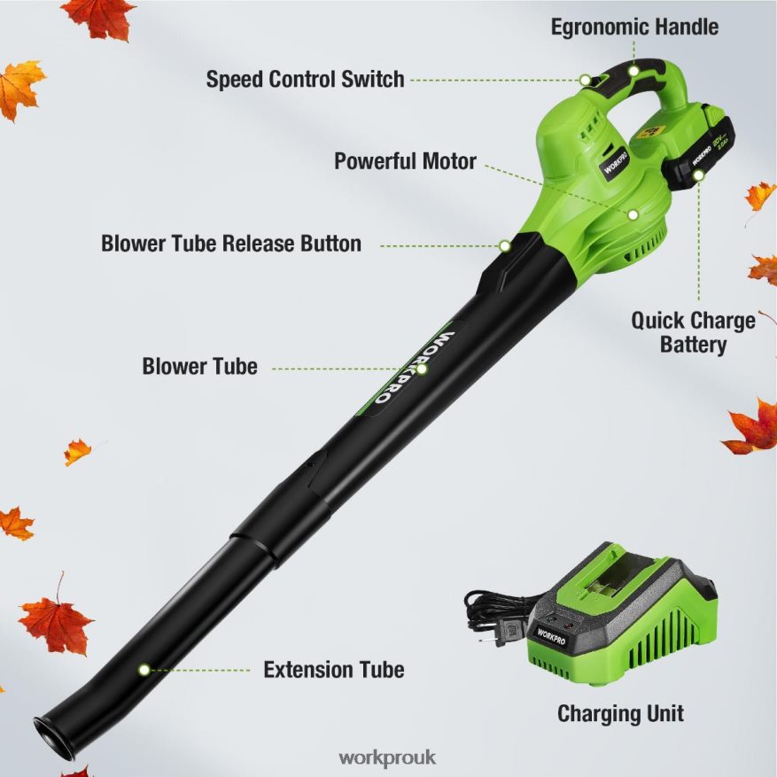 WORKPRO20V Lightweight Mini Cordless Leaf Blower wih Battery and Charger, 2-Speed Control X662Z303 Tool