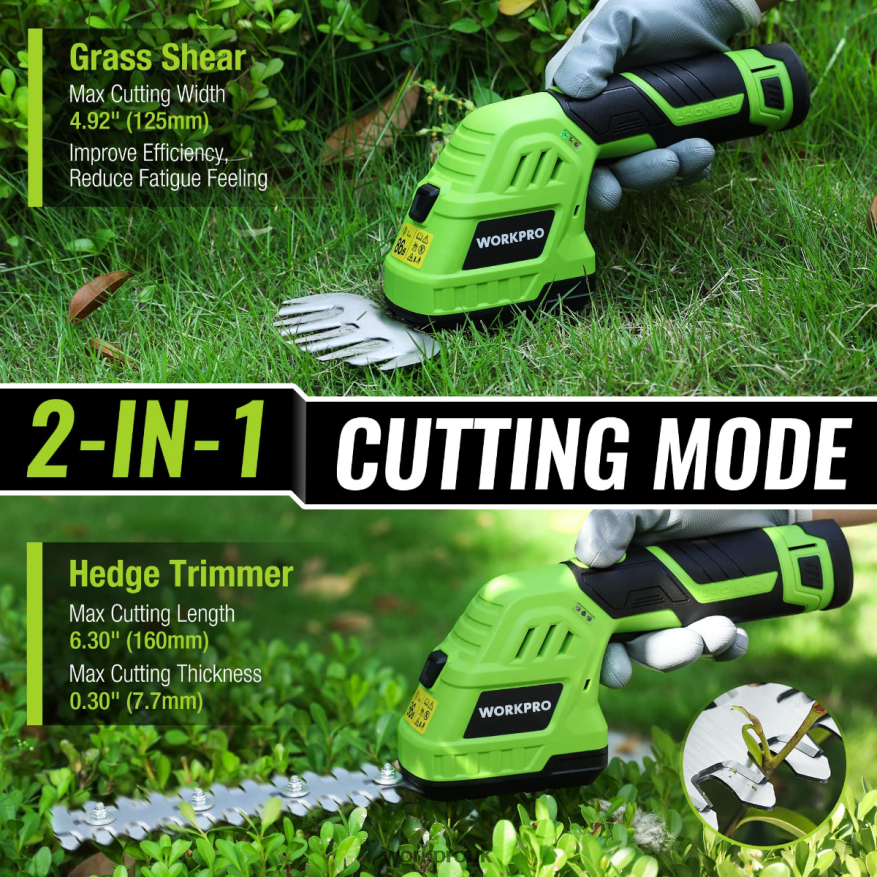 WORKPRO2 in 1 12V Electric Cordless Grass Hedge Shear & Handheld Shrubbery Trimmer, with 2.0Ah Rechargeable Lithium-Ion Battery and 1 Hour Fast Charger X662Z301 Tool